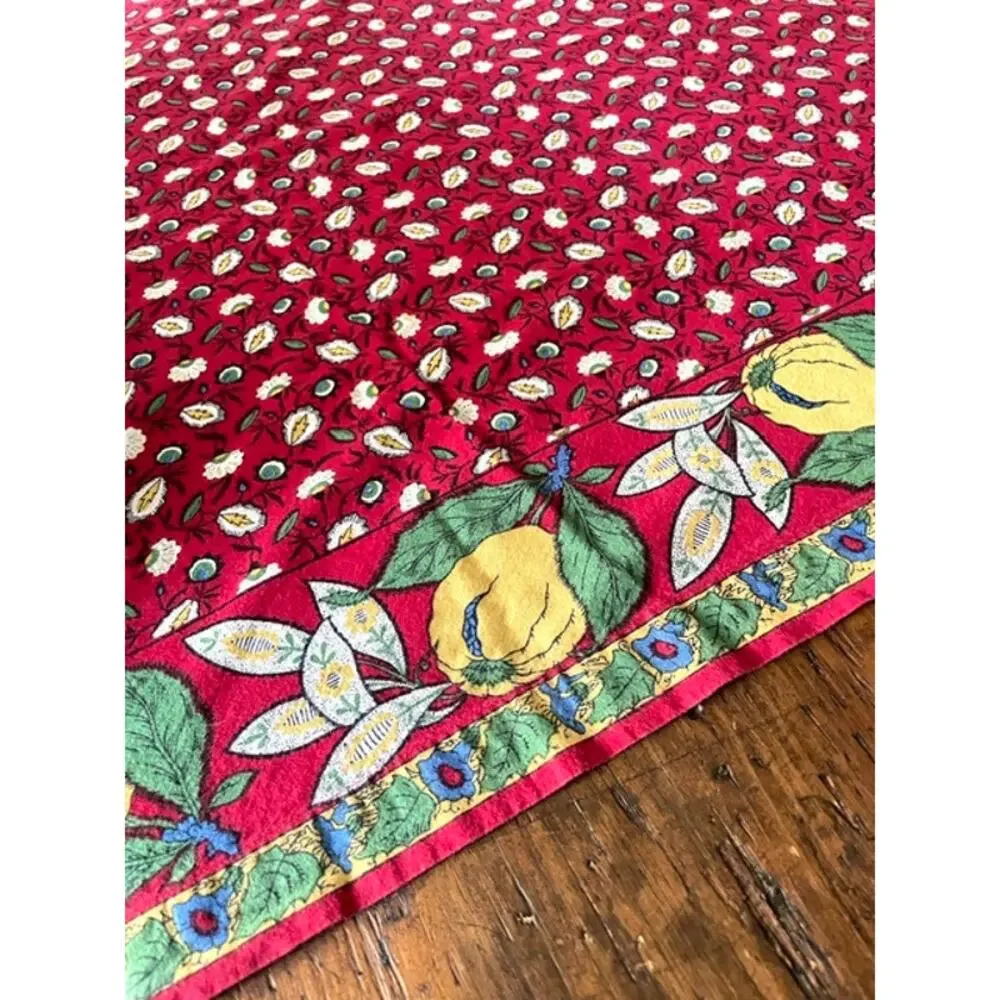 Williams Sonoma 100% Cotton Tablecloth Red Floral Fruit Border 70x70 Farmhouse